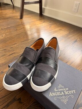 The Office of Angela Scott Black Canvas Leather Stripe Slip On Sneakers Size 40